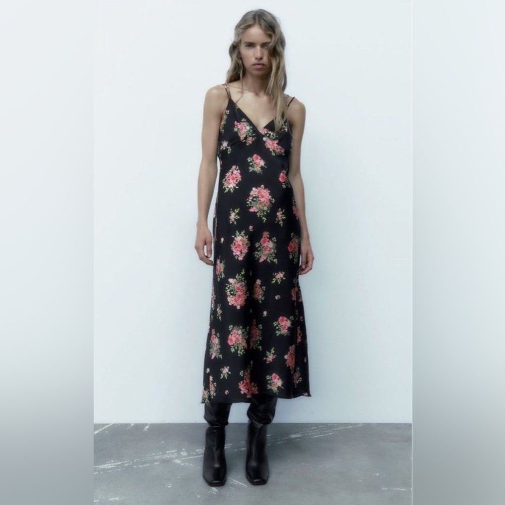Zara Black Dress with Pink Floral Design